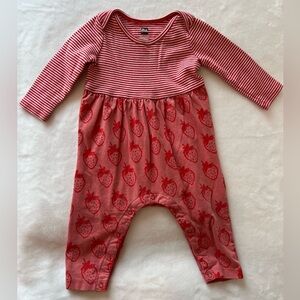 Red and white striped strawberry Tea Collection baby romper. 6-9 mth